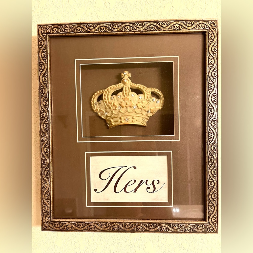 A Pair of His & Her  Bling Gold Color Framed Crowns Shadow Box Gold/Cream Bling